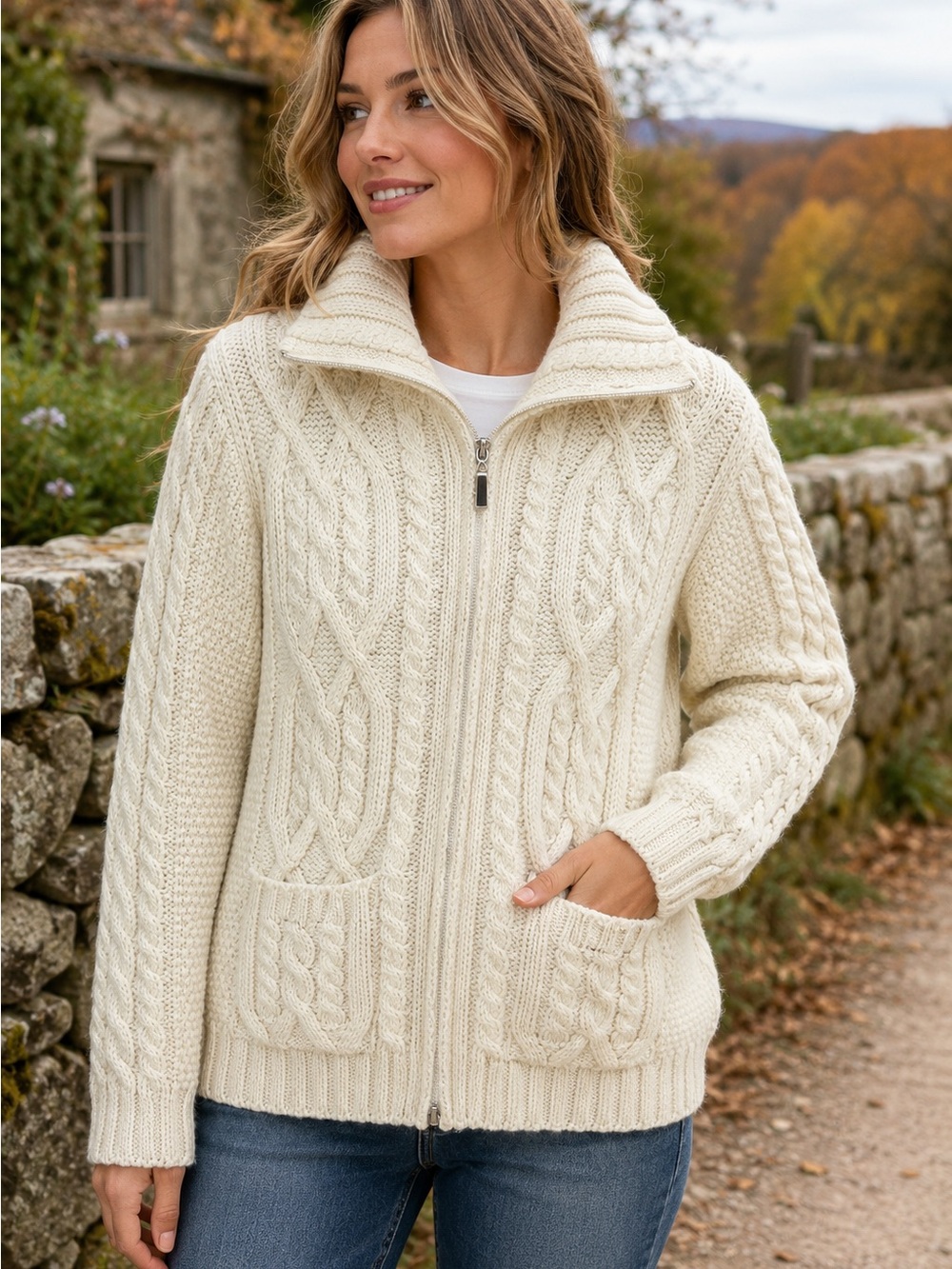 Inis Crafts 100% Merino Wool Irish Cable Knit Zip Cardigan Sweater M Cream